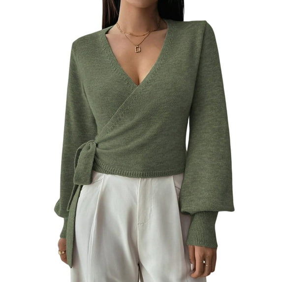 Women'S Casual V Neck Wrap Sweater Pullover Long Sleeve Slim Fit Knit Crop Top Sweater Grass Green XL