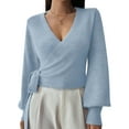 thumbnail image 1 of Women'S Casual V Neck Wrap Sweater Pullover Long Sleeve Slim Fit Knit Crop Top Sweater Light Blue S, 1 of 9