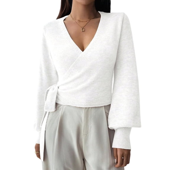 Women'S Casual V Neck Wrap Sweater Pullover Long Sleeve Slim Fit Knit Crop Top Sweater White XL