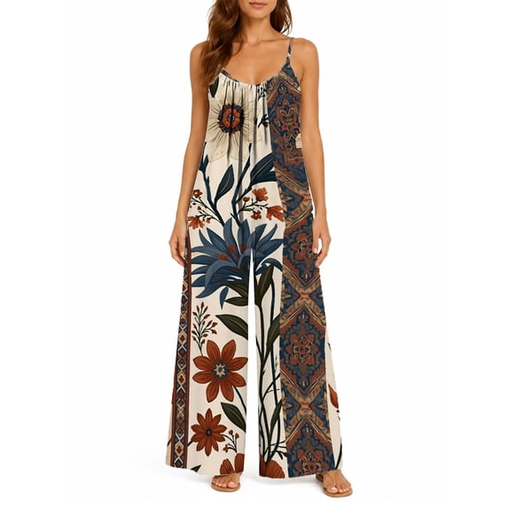 Women'S Casual Vintage Florals Romper Spaghetti Strap Wide Leg Jumpsuit Summer Outfits With Pockets