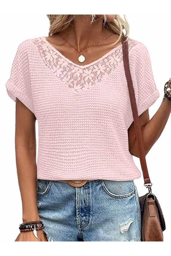 Women'S Casual Waffle Knit Lace Trim Short Sleeve V-Neck Blouse Summer See Through Top Pink XL