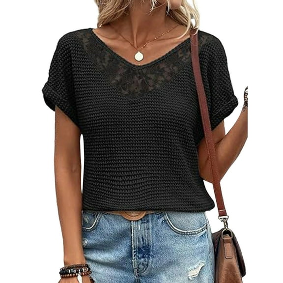 Women'S Casual Waffle Knit Lace Trim Short Sleeve V-Neck Blouse Summer See Through Top