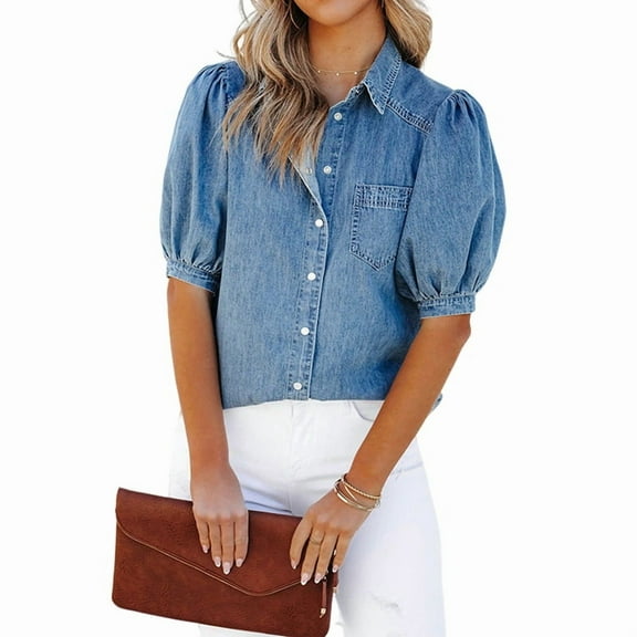 Women'S Casual Washed Distressed Puff Sleeve Denim Snap Button Shirt Jean Jacket Coat Blue XL