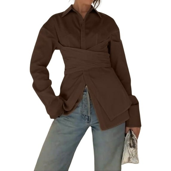 Women'S Casual Wrap Front Button Down Blouses V Neck Long Sleeve Wrap Tie Work Blouse Tops Elegant Cropped Top Brown L