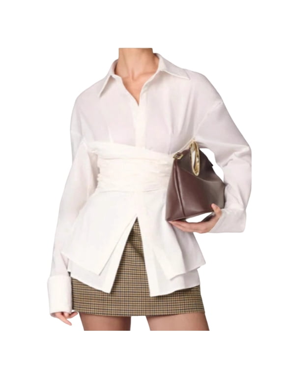 Women'S Casual Wrap Front Button Down Blouses V Neck Long Sleeve Wrap Tie Work Blouse Tops Elegant Cropped Top White L