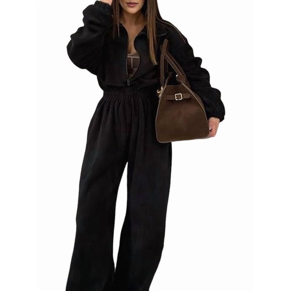 Women'S Casual Zip-Up Jumpsuit, Autumn Fashion Waist-Cinching One-Piece Suit, One-Piece Sportswear Black L