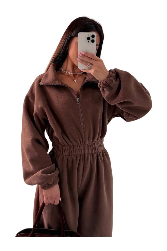 Women'S Casual Zip-Up Jumpsuit, Autumn Fashion Waist-Cinching One-Piece Suit, One-Piece Sportswear Brown S