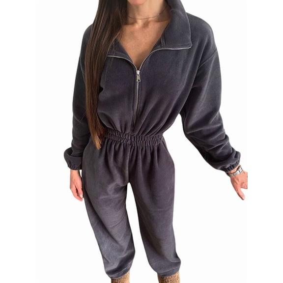 Women'S Casual Zip-Up Jumpsuit, Autumn Fashion Waist-Cinching One-Piece Suit, One-Piece Sportswear Gray S