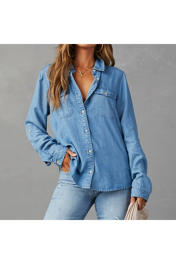 Women'S Chambray Button Down Shirt, Long Sleeve Cotton Blouse, Long Jeans Tunic Top, Casual, Neck, Chambray Shirt Extra Large for Women, Chambray V Neck Tunic, Chambray Shirt for Women