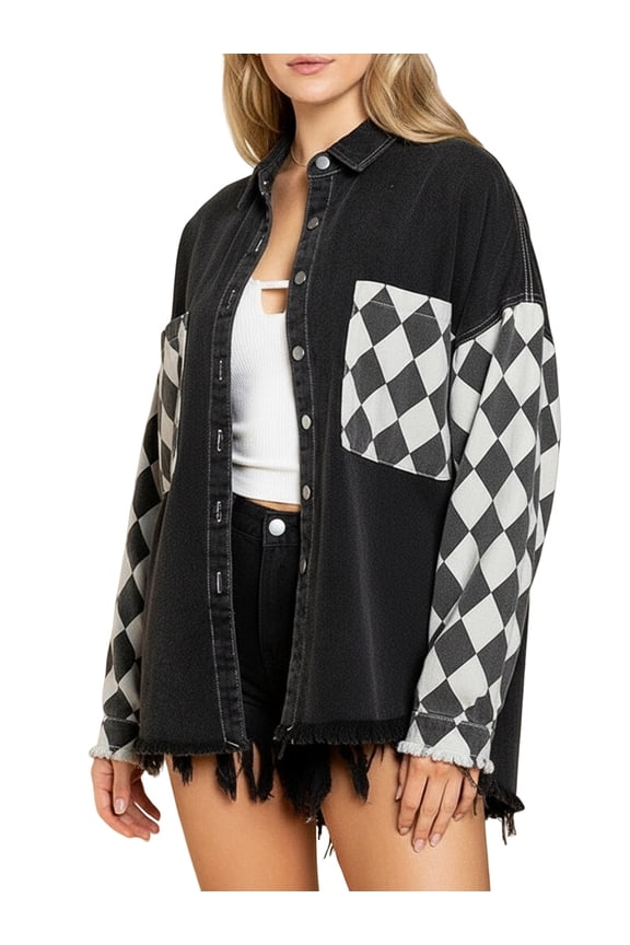 Women'S Checkerboard Panel Loose Washed Denim Jacket Hip Hop Plaid Streetwear Casual Coat Black L