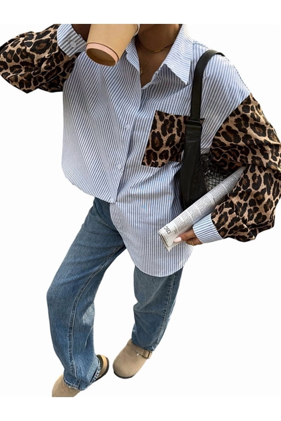 Women'S Cheetah Print Button Down Shirt Striped Color Block Long Sleeve Button Up Dressy Blouse Tops Blue XXL