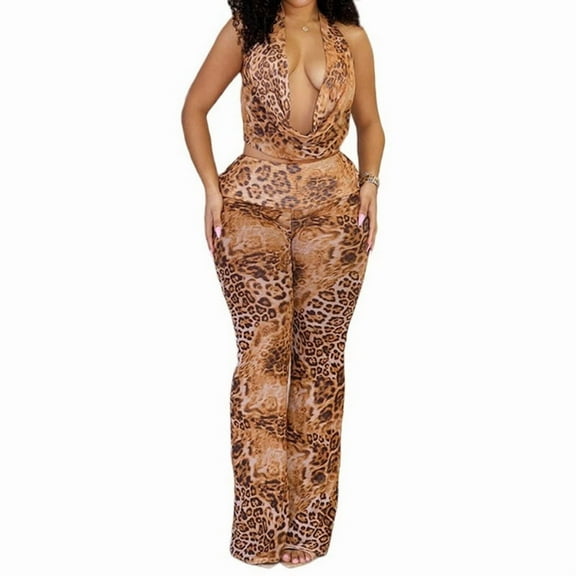 Women'S Cheetah Print Two Piece Outfits, Halter Tops, Skinny Flared Pants Suits, Mesh Summer Outfits Leopard Print L