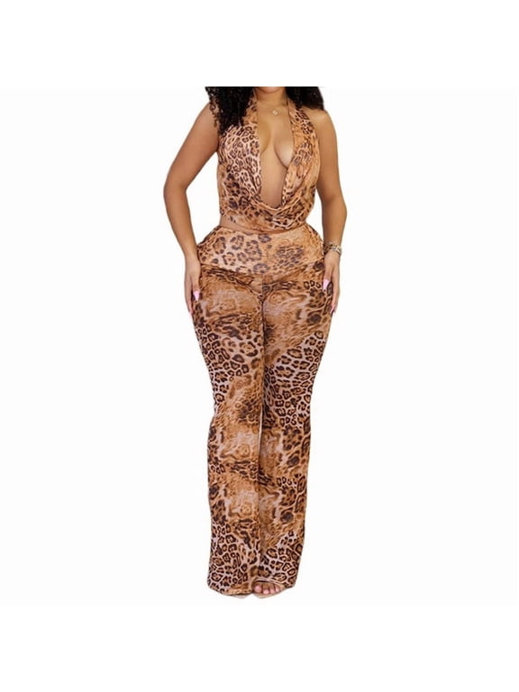 Women'S Cheetah Print Two Piece Outfits, Halter Tops, Skinny Flared Pants Suits, Mesh Summer Outfits Leopard Print L