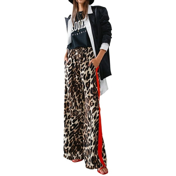 Women'S Cheetah Print Wide Leg Baggy Pants Y2k Side Loose Streetwear Trousers Brown M