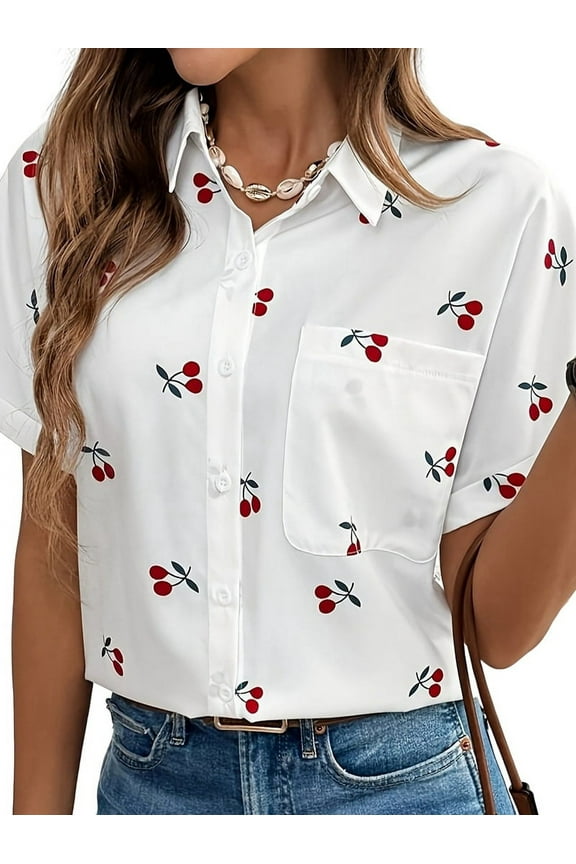 Women'S Cherry Print Short Sleeve Blouse Collar Button Down Textured Casual Shirts White S