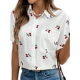 thumbnail image 1 of Women'S Cherry Print Short Sleeve Blouse Collar Button Down Textured Casual Shirts White XL, 1 of 7