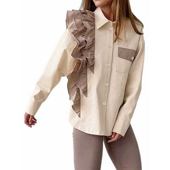 Women'S Chic Color Block Button Down Split Asymmetrical Hem Ruffle Long Sleeve Shirt Apricot M