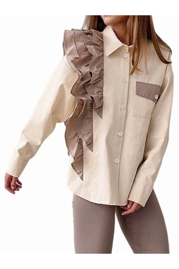 Women'S Chic Color Block Button Down Split Asymmetrical Hem Ruffle Long Sleeve Shirt Apricot S