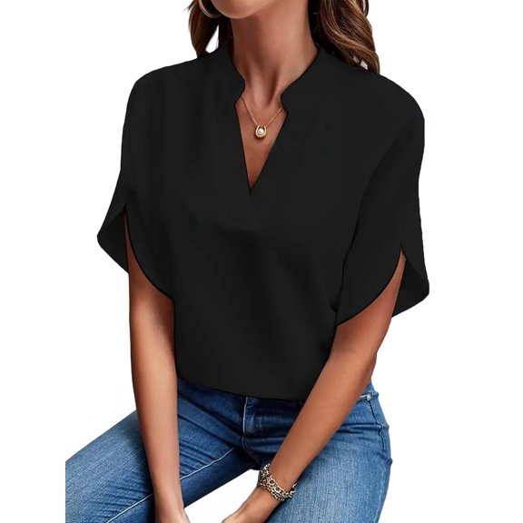 Women'S Chiffon Blouse Shirt V Neck Dressy Tunic Tops Black S