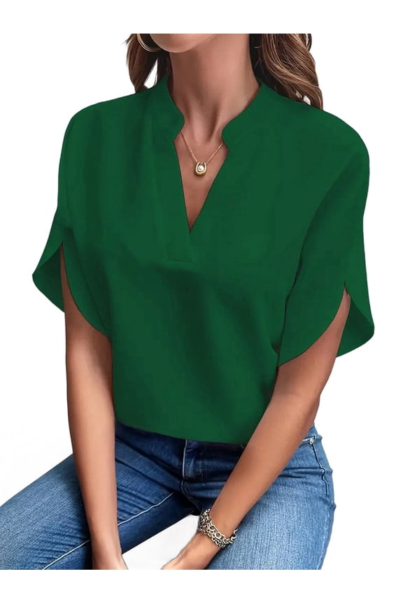 Women'S Chiffon Blouse Shirt V Neck Dressy Tunic Tops Green M