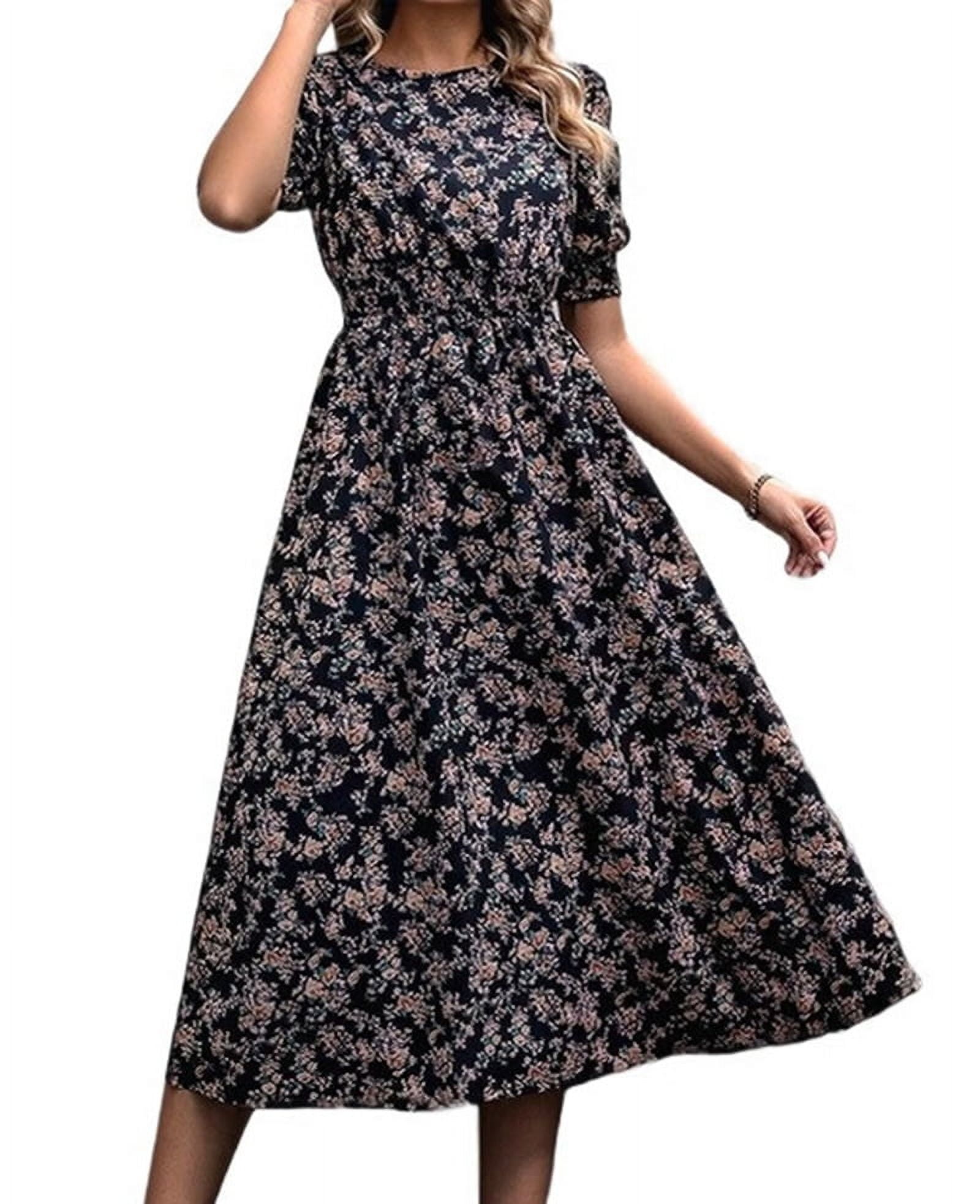 chiffon western dresses Women'S Chiffon Floral Dresses Casual Summer Boho Flutter Sleeve Flowy Western  Dress Black M