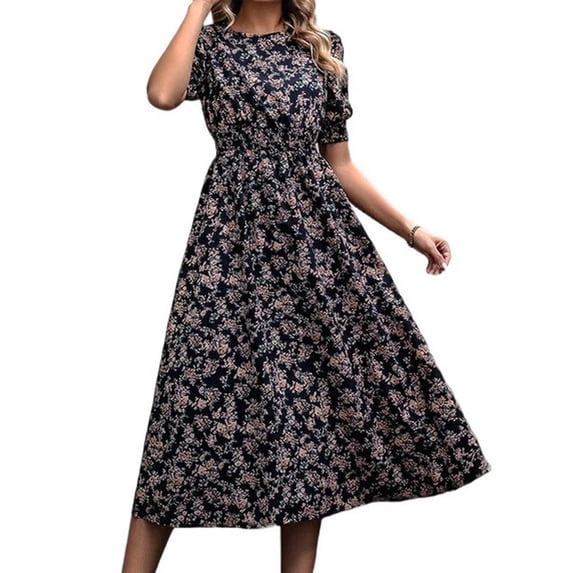 Women'S Chiffon Floral Dresses Casual Summer Boho Flutter Sleeve Flowy Western Dress Black S