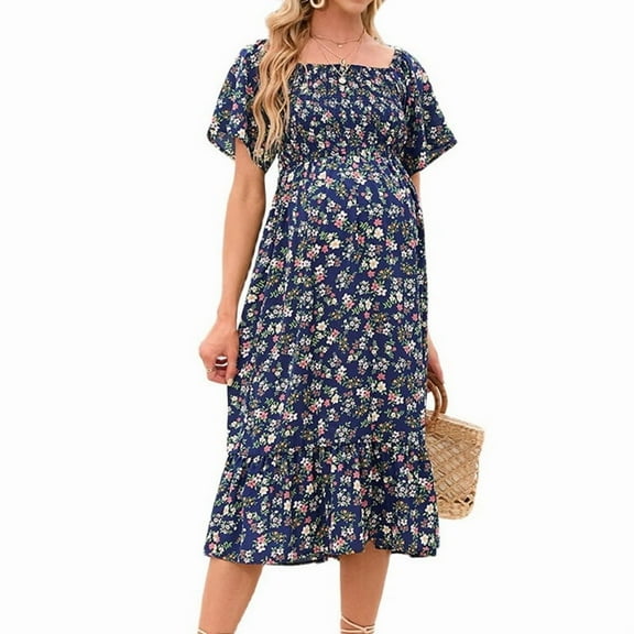 Women'S Chiffon Floral Dresses Casual Summer Boho Flutter Sleeve Flowy Western Dress MY112 Navy Blue M