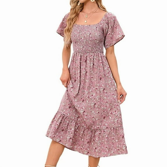 Women'S Chiffon Floral Dresses Casual Summer Boho Flutter Sleeve Flowy Western Dress MY112 Pink M