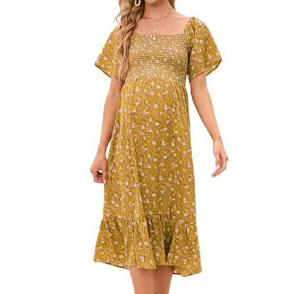 Women'S Chiffon Floral Dresses Casual Summer Boho Flutter Sleeve Flowy Western Dress MY112 Yellow XL