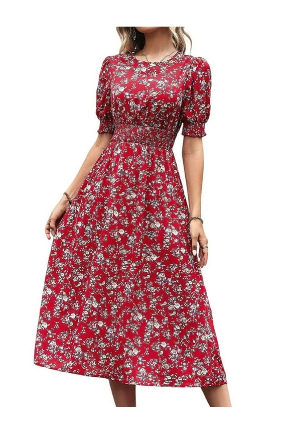 Women'S Chiffon Floral Dresses Casual Summer Boho Flutter Sleeve Flowy Western Dress Red XL
