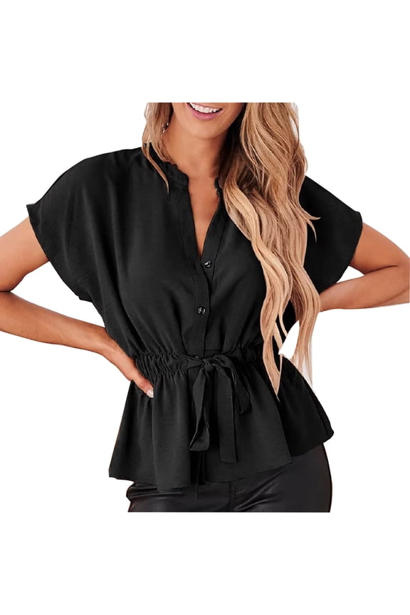 Women'S Chiffon Shirt Solid Color Casual Button Up Batwing Sleeve Chiffon Blouse With Ruffle Trim Black M