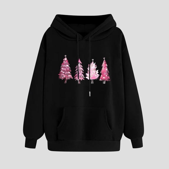 Women'S Christmas Hooded Cute Christmas Tree Print Sweatshirts Long Sleeved Loose Comfortable Fleece Hooded Tops Black XL