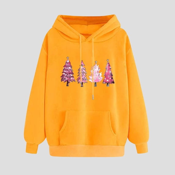 Women'S Christmas Hooded Cute Christmas Tree Print Sweatshirts Long Sleeved Loose Comfortable Fleece Hooded Tops Yellow XL