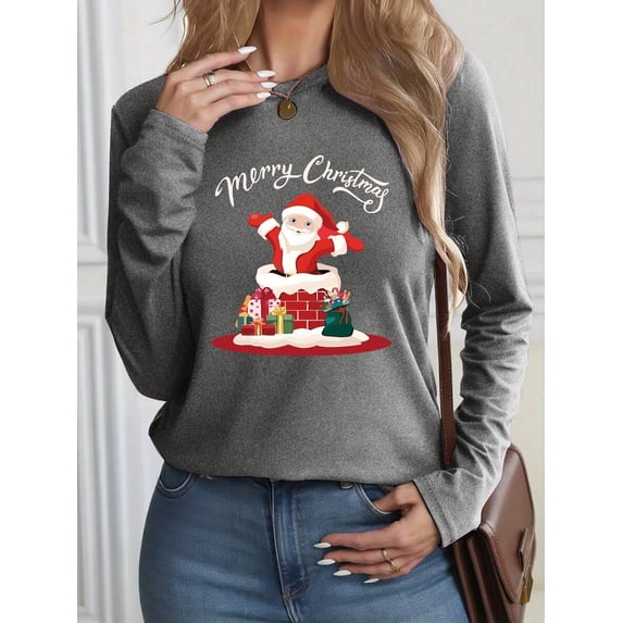Women'S Christmas Santa Claus Graphic T-Shirt - Long Sleeve Crew Neck Casual Top with Festive Santa & Candy Cane Print, Machine Washable, Regular Fit for Holiday Parties & Casual Attire