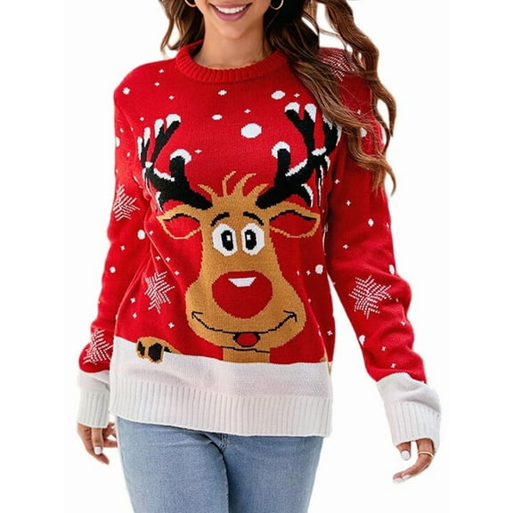 Women'S Christmas Sweater Fall Winter Xmas Top Long Sleeve Round Neck Knitted Sweater Chunky Casual Pullover Top Red S