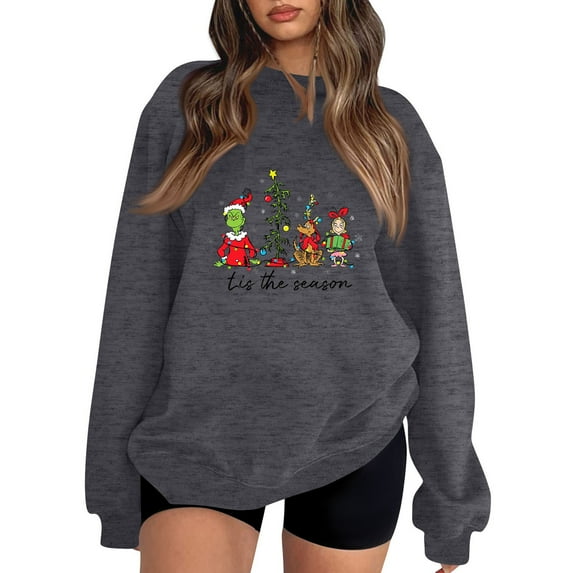 Women'S Christmas Sweatshirt Christmas Tree Graphic 2025 Cute Xmas Holiday Long Sleeve Pullover Dark Gray Medium