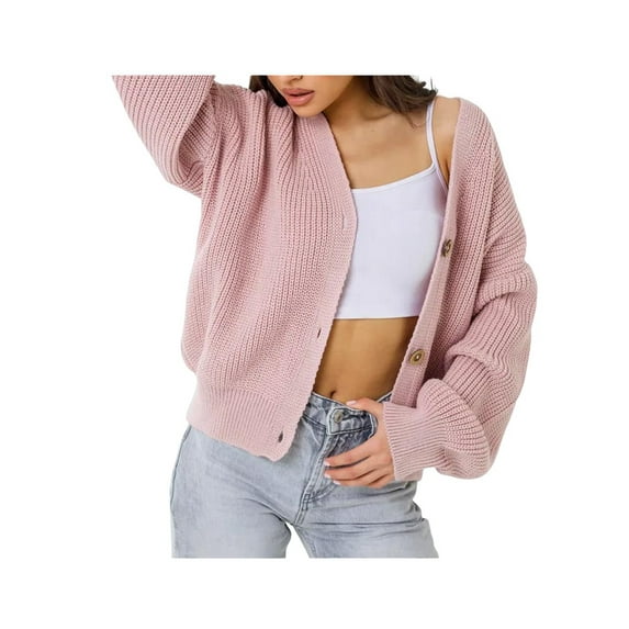 Women'S Chunky Knit Cardigan Sweater V-Neck Long Sleeve Button Casual Loose Cropped Cardigan Coat Pink M