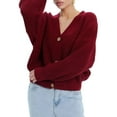 thumbnail image 1 of Women'S Chunky Knit Cardigan Sweater V-Neck Long Sleeve Button Casual Loose Cropped Cardigan Coat Wine Red M, 1 of 7