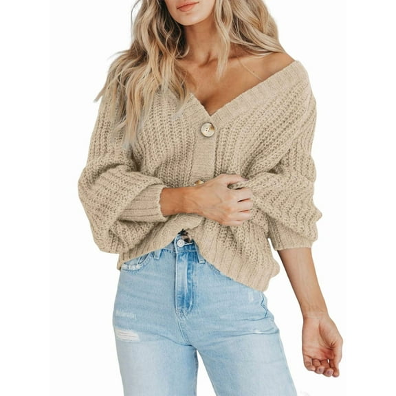 Women'S Chunky Knit Open Front Sweater Long Sleeve Button Loose Short Cardigan Outerwear Coats L