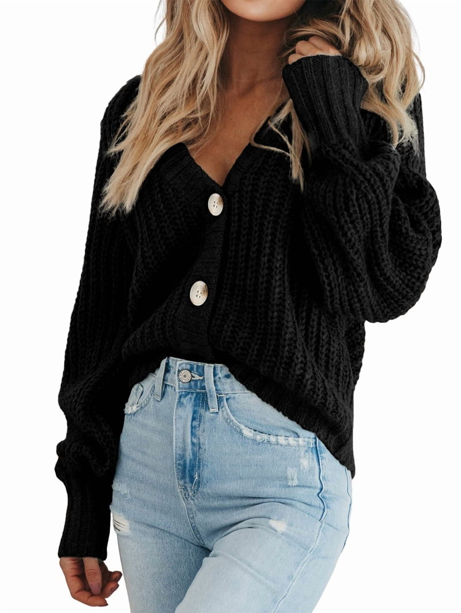 Women'S Chunky Knit Open Front Sweater Long Sleeve Button Loose