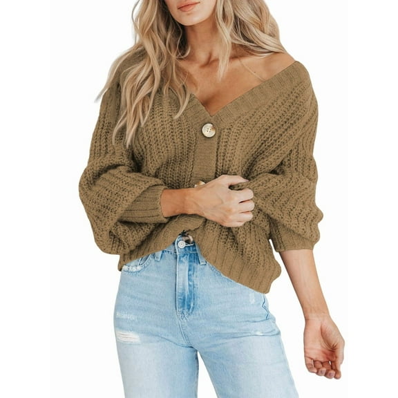Women'S Chunky Knit Open Front Sweater Long Sleeve Button Loose Short Cardigan Outerwear Coats Camel XL