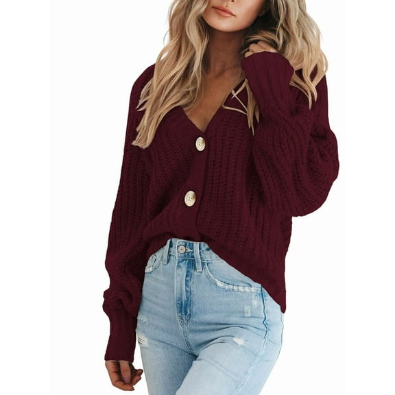 Women'S Chunky Knit Open Front Sweater Long Sleeve Button Loose Short Cardigan Outerwear Coats Red S