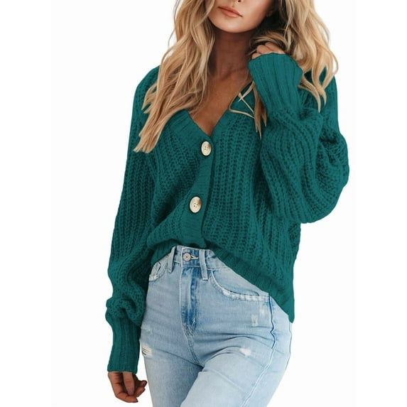 Women'S Chunky Knit Open Front Sweater Long Sleeve Button Loose Short Cardigan Outerwear Coats Green XL