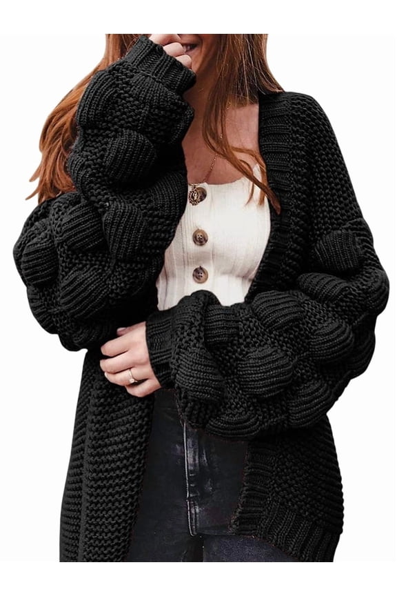 Women'S Chunky Knit Open Front Sweater Long Sleeve Pom Pom Loose Short Cardigan Outerwear Coats Black L