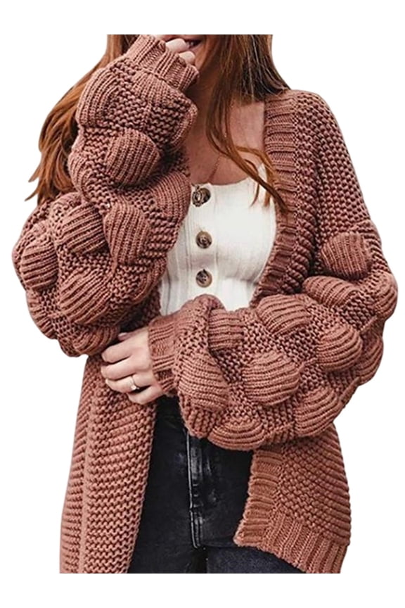 Women'S Chunky Knit Open Front Sweater Long Sleeve Pom Pom Loose Short Cardigan Outerwear Coats Brown XL