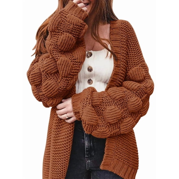 Women'S Chunky Knit Open Front Sweater Long Sleeve Pom Pom Loose Short Cardigan Outerwear Coats Orange M