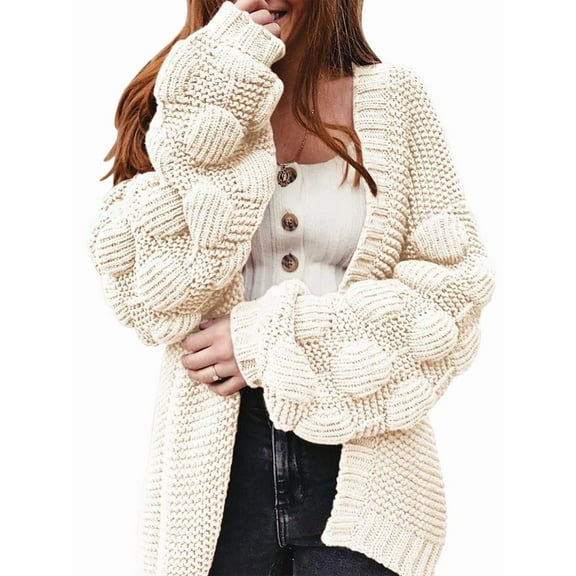 Women'S Chunky Knit Open Front Sweater Long Sleeve Pom Pom Loose Short Cardigan Outerwear Coats White L
