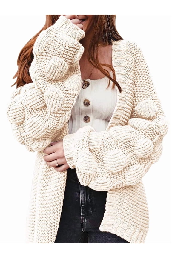 Women'S Chunky Knit Open Front Sweater Long Sleeve Pom Pom Loose Short Cardigan Outerwear Coats White XL