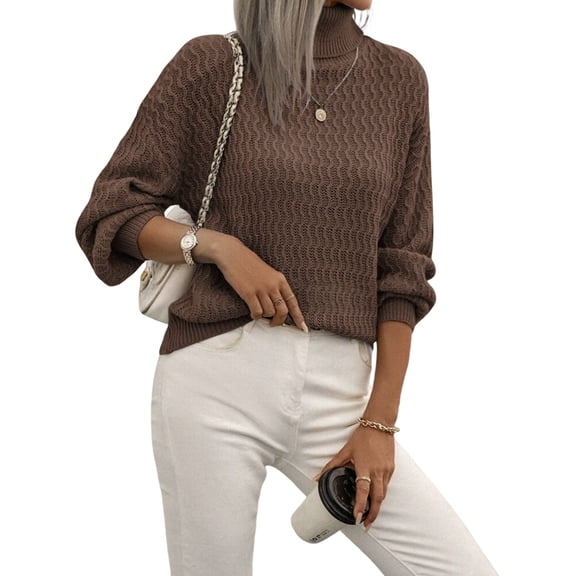 Women'S Chunky Knit Sweater Fall Winter Top with High Neck Drop Shoulder Casual Loose Fit Brown S