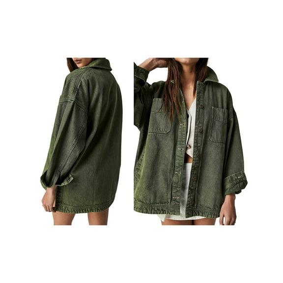 Women'S City Denim Jacket-Long Sleeve Oversized Boyfriend Style Jean Jacket with Button Up Front Army Green L